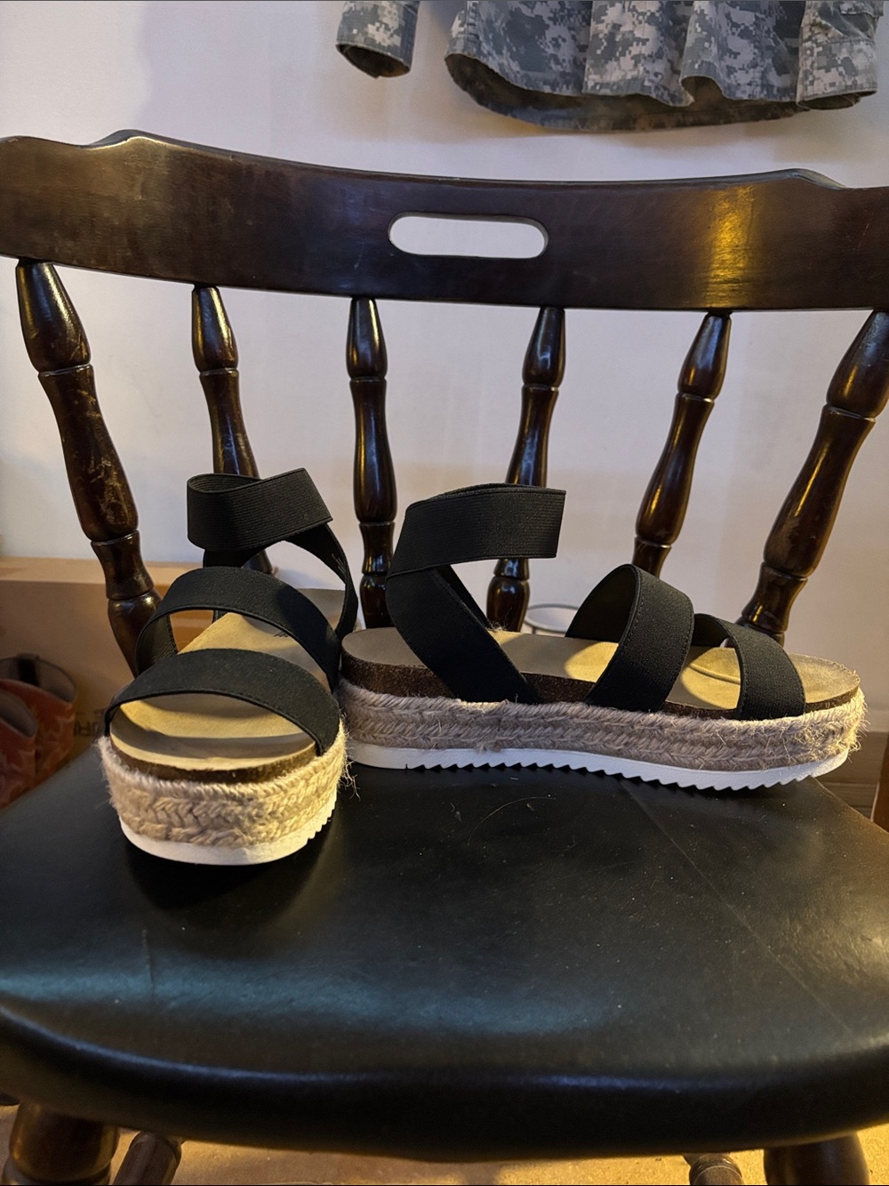 Black Elastic Strap Espadrille Platform Sandals